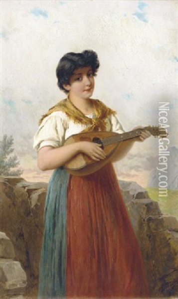 A Charming Mandolin Player Oil Painting - Josef Bueche
