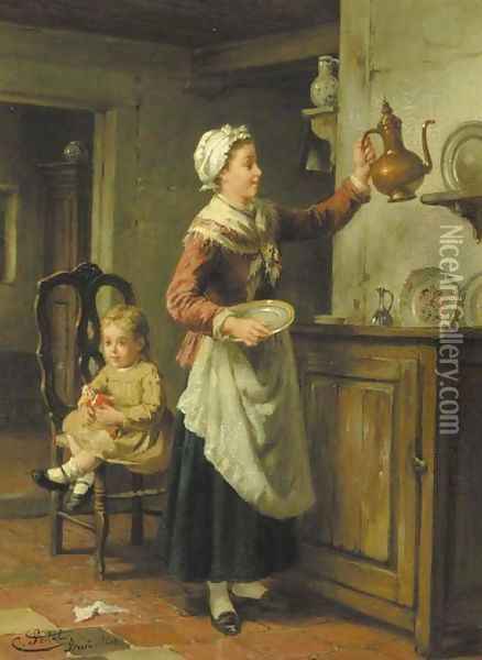 Mother's little helpers Oil Painting - Charles Petit