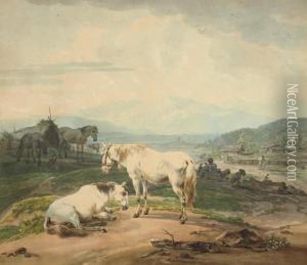 Horses Near A Lake, The Alps In The Distance Oil Painting - Wilhelm Alexander W. Von Kobell