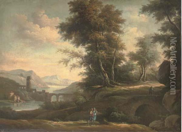 A Wooded River Landscape With An Amorous Couple On A Track Oil Painting - Peter Tillemans