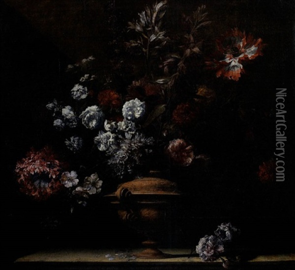 Bouquet De Fleurs Dans Un Vase Sur Un Entablement Oil Painting - Jean-Baptiste Belin de Fontenay the Elder