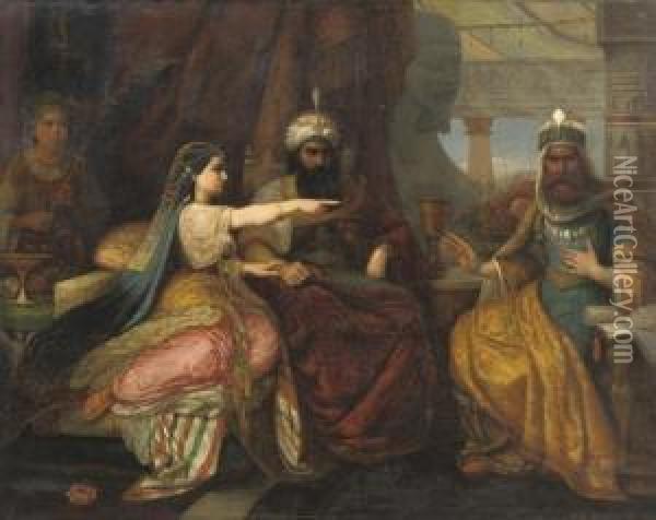 Esther Seating Next To King Ahasver Of Persia, Pleading For The Jewish People Oil Painting - David Jacobsen