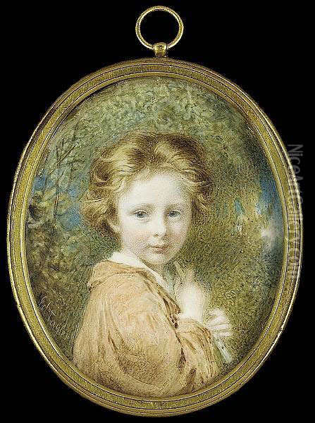 A Young Boy, Called Alick, 
Possibly Alexander Hohenlohe, Wearing Rust-coloured Tunic Over White 
Chemise, He Holds A Pipe Oil Painting - Edward Tayler