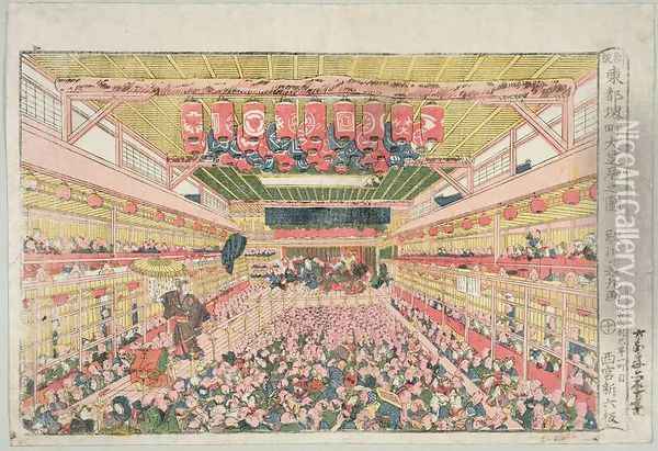 The interior of the Nakamura Theatre, Sakai Street, published by Nishinomiya Shinroku, before 1841 Oil Painting - Utagawa Yoshimara