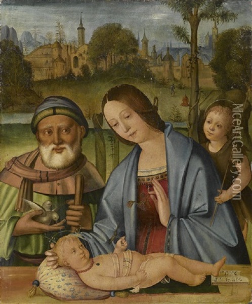Die Heilige Familie In Einer Landschaft Oil Painting - Lorenzo Costa