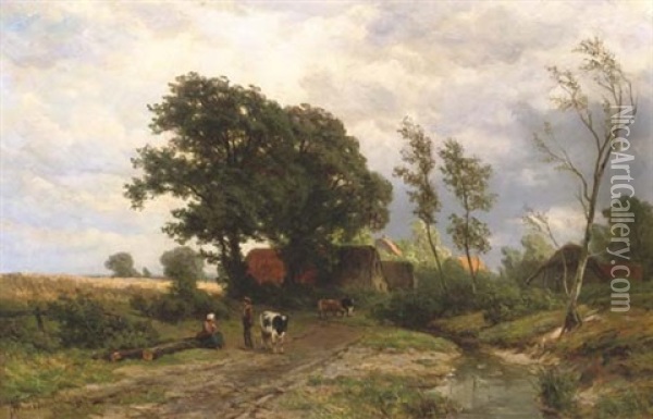 Farmers On A Path Near A Village Oil Painting - Jan Willem Van Borselen