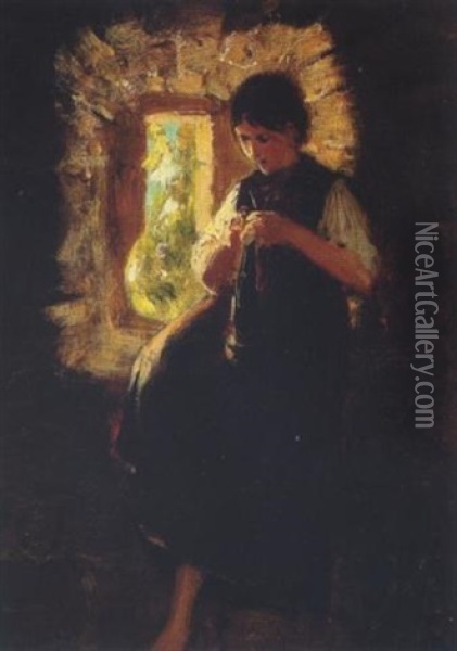 Strickendes Dirndl Am Fenster Oil Painting - Hermann Kaulbach