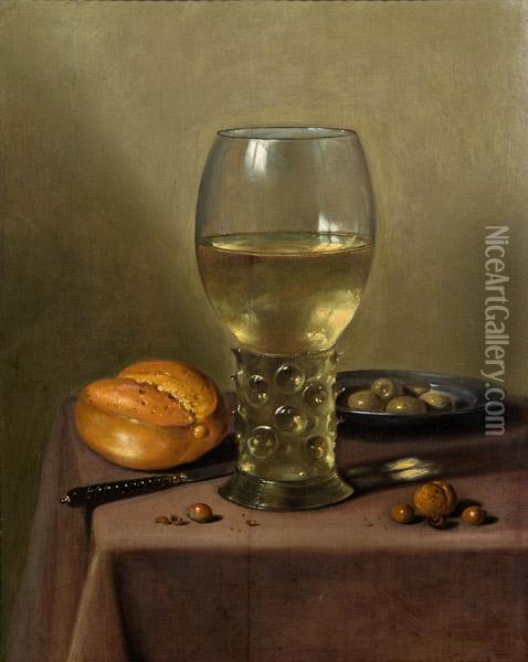 Stillleben Mit Romer, Brot, Oliven Und Nussen Oil Painting - Pieter Claesz.