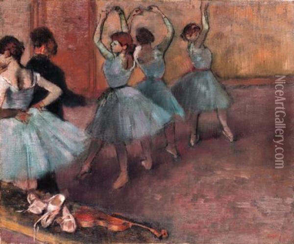 Danseuses Bleutees (la Repetition Au Foyer De La Danse) Oil Painting - Edgar Degas