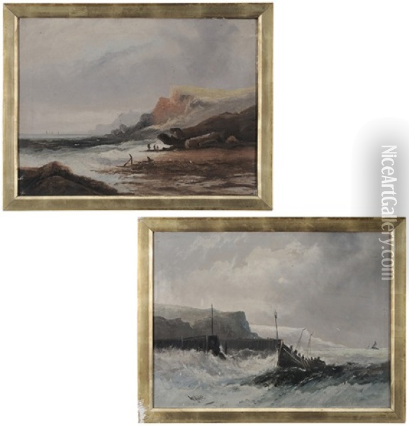 Rescue Boat, Rough Seas; Figures On Shore (2 Works) Oil Painting - William Matthew Hale