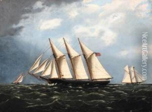 Three Masted Schooner Sailing Through A New York Yacht Clubrace
Oil On Canvas Oil Painting - Warren W. Sheppard