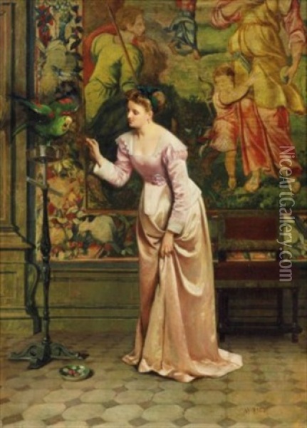 Lady In An Interior With A Cockatoo Oil Painting - Martin Rico y Ortega