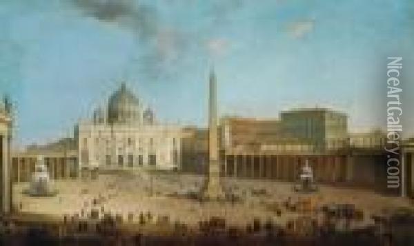 Veduta Di San Pietro A Roma E Il Colonnato Del Bernini Oil Painting - Antonio Joli