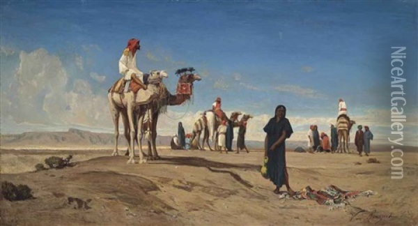 A Caravan In The Desert, Libya Oil Painting - Victor Pierre Huguet