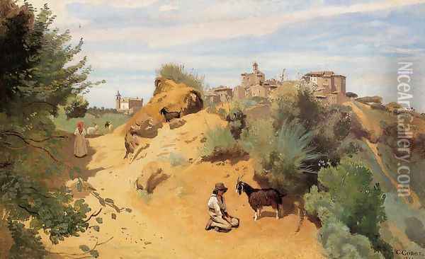 Genzano - Goatherd and Village Oil Painting - Jean-Baptiste-Camille Corot