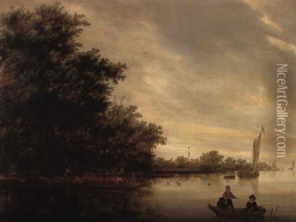 River Landscape With Fishermen And Ferry Oil Painting - Salomon van Ruysdael