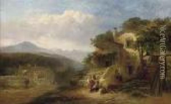 Italian Peasants In An Alpine Landscape Oil Painting - James Baker Pyne