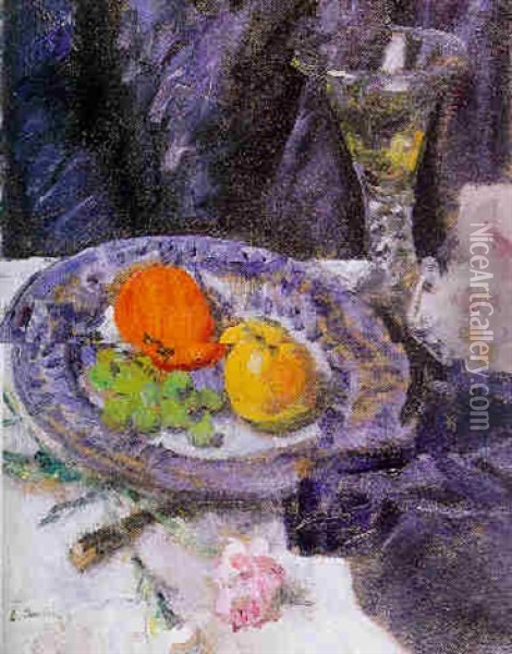 Fruit On A Blue And White Plate With A Trumpet-shaped Wine Glass And A Pink On A Draped Table Oil Painting - George Leslie Hunter