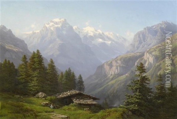 Alphutte In Den Schweizer Bergen Oil Painting - Jean Philippe George-Julliard