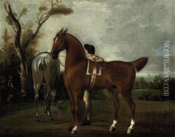 A Groom With Two Hunters In A Landscape, A Windmill Beyond Oil Painting - Thomas Stringer