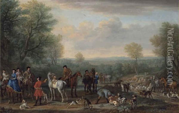 The Meet: A Hunting Party, With Figures, Horses And Hounds, In An Extensive Wooded Landscape Oil Painting - John Wootton