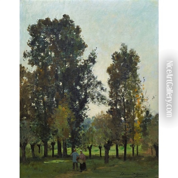Landschaft Mit Baumen Und Bauernpaar Oil Painting - Edmond Charles Joseph Yon