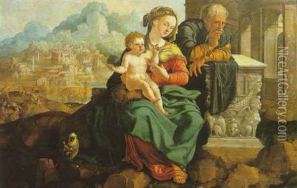 La Saint Famille Au Perroquet Oil Painting - Jan Van Scorel
