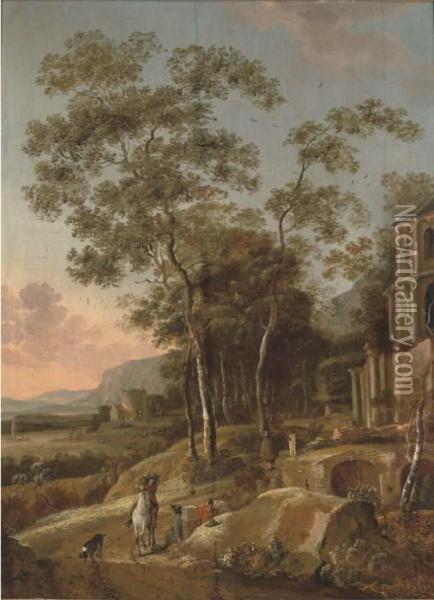 A Wooded River Landscape With A Figure On Horseback And Anglers Resting On A Track Oil Painting - Jan Gabrielsz. Sonje