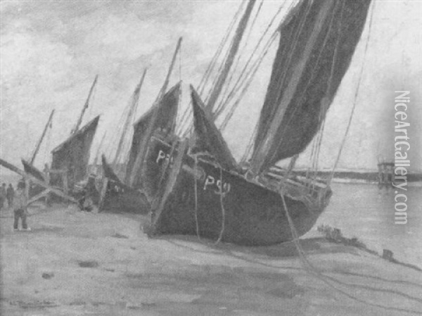 Nordseekuste Mit Angelandeten Fischerbooten Oil Painting - Wilhelm Hambuechen