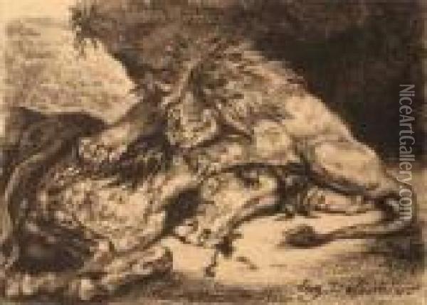 Lion Devorant Une Cheval Oil Painting - Eugene Delacroix