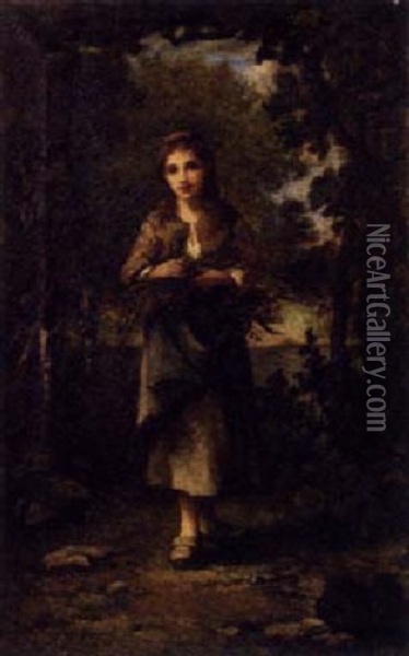 A Young Girl Gathering Wood Oil Painting - Leon Richet