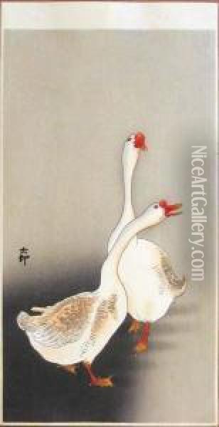 Two Geese Oil Painting - Ohara Koson