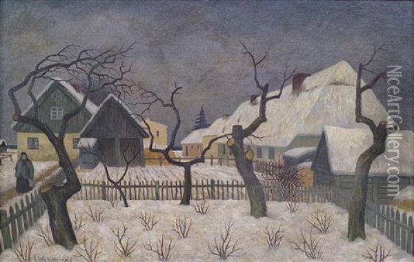 Garten (ostpreusisches Winterdorf) Oil Painting - Gustav Wunderwald