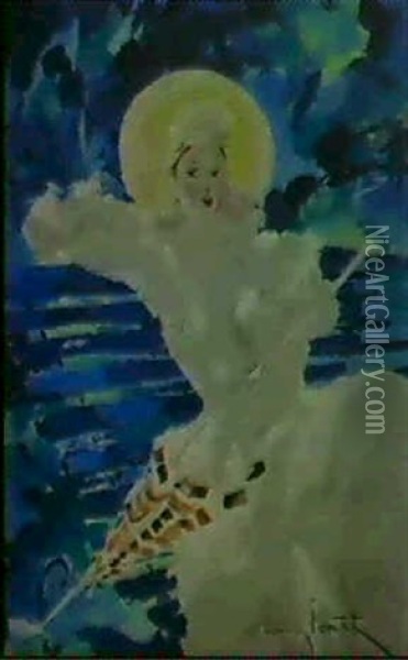 Femme Assise Avec Ombrelle Oil Painting - Louis Icart