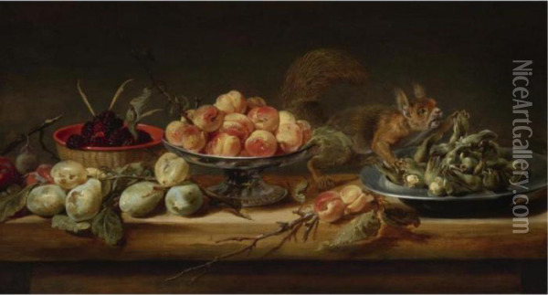 Still Life With Peaches In A 
Tazza, Hazelnuts On A Pewter Plate, Raspberries In A Basket, With Pears 
And A Squirrel On A Table Oil Painting - Frans Snyders