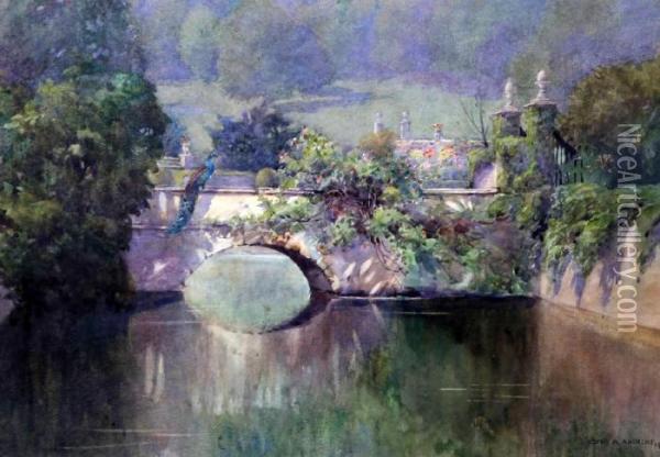 Moat Bridge With Peacock Oil Painting - Alice Andrews Edith