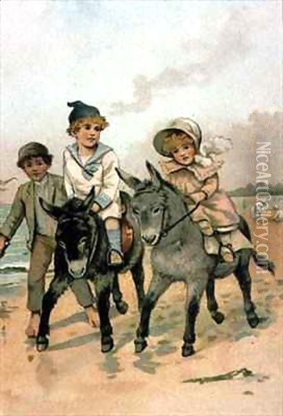 Children Riding Donkeys at the Seaside Oil Painting - Harriet M. Bennett