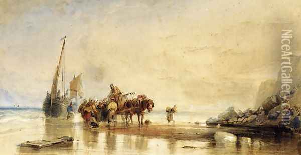 Figures Unloading Fishing Boats on Shore Oil Painting - George Howse