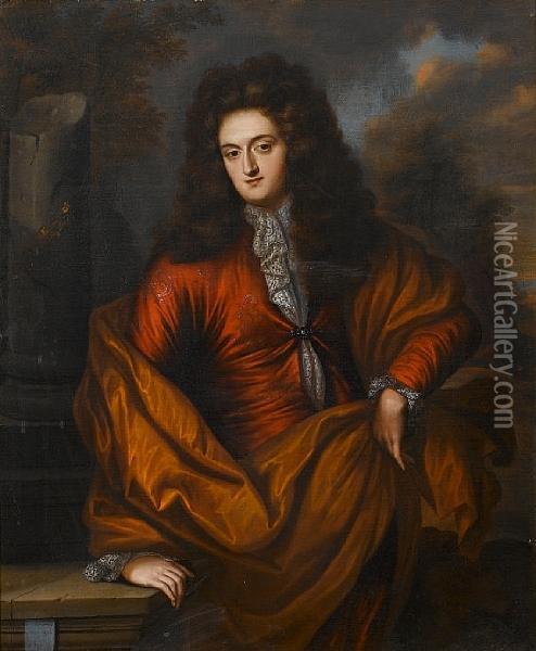 Portrait Of A Gentleman, Three-quarter-length,in A Russet Coat With A Brown Wrap Standing Before A Stonecolumn Oil Painting - Regnier de La Haye