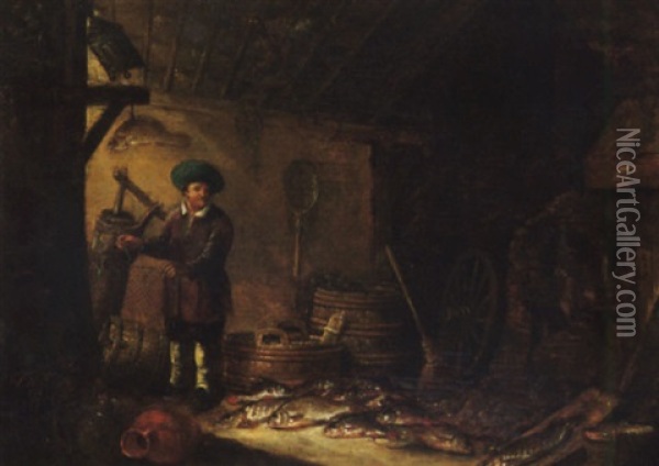A Fishmonger In His Shop Oil Painting - Pieter de Putter