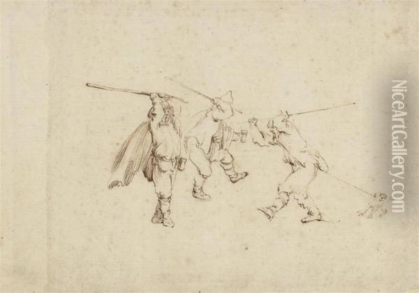Three Men Fighting With Sticks, With A Dog Tugging The Right-handfigure Oil Painting - Stefano della Bella