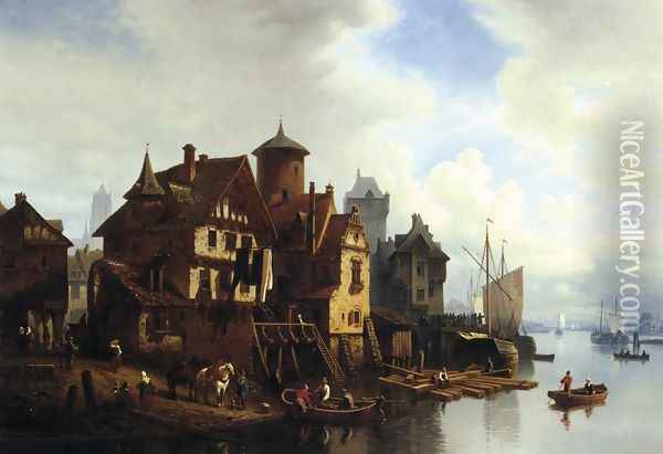 A Harbor Town Oil Painting - Hermann Meyerheim