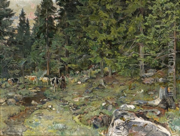 Kyr I Skogen Ulvin Oil Painting - Gerhard Peter Franz Vilhelm Munthe