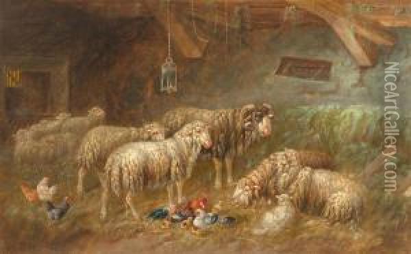 Schafe Im Stall. Oil Painting - J. Oppelts