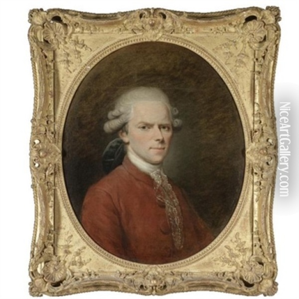 Portrait Of A Gentleman, Bust Length, Wearing A Red Tunic Oil Painting - Jean-Baptiste Perronneau
