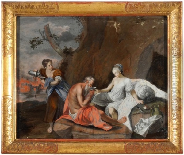 Lot Und Seine Tochter. Im Hintergrund Brennen Sodom Und Gomorrha Oil Painting - Johann Peter von Esch