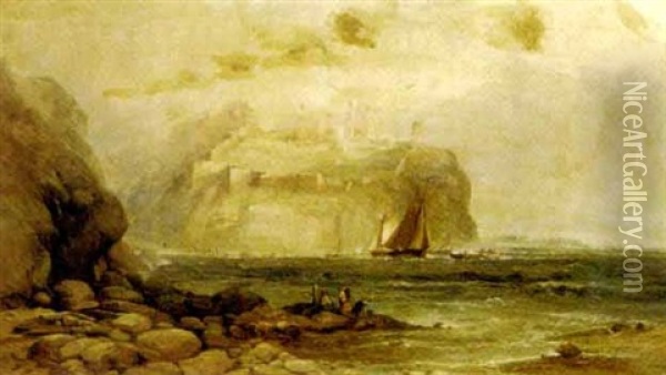 A Coastal View With Figures On The Rocks In The Foreground And A Castle Beyond Oil Painting - Andrew Melrose