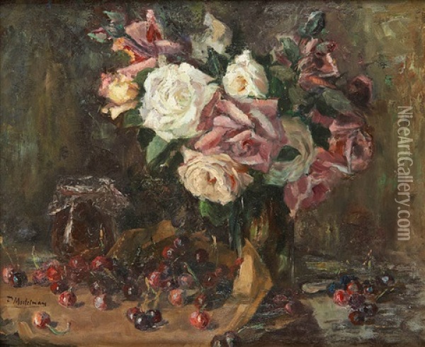 Vase Fleuri De Roses Et Cerises Oil Painting - Frans Mortelmans