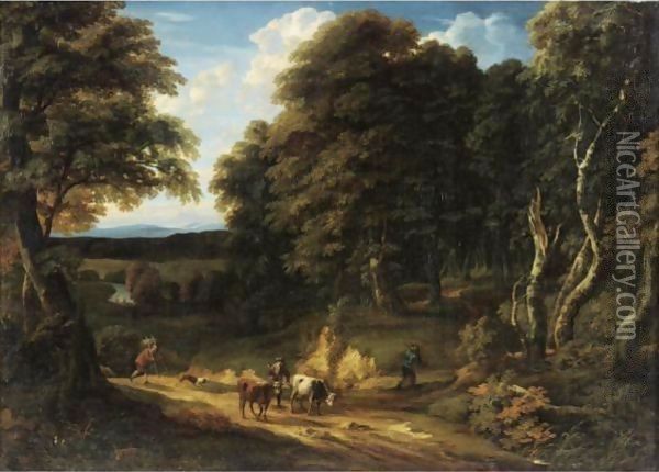 A Wooded Landscape With A Drover And Two Heifers On A Road, Two Anglers On The Bank Of A River Beyond Oil Painting - Cornelis Huysmans