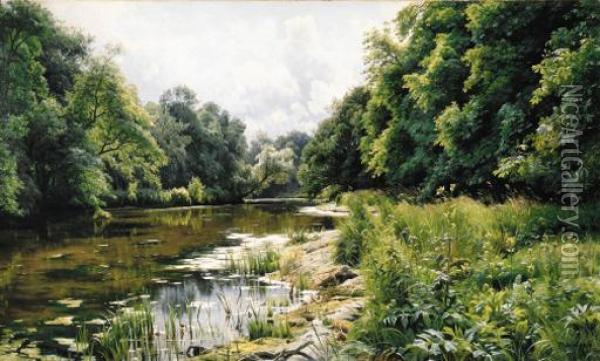 A Wooded Riverlandscape
Oil On Canvas Oil Painting - Peder Mork Monsted